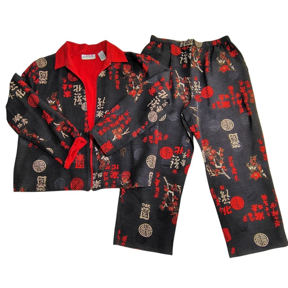 Draper's & Damon's Silk 2 Piece Pant Suit Women's PM Red Floral Jacket Set